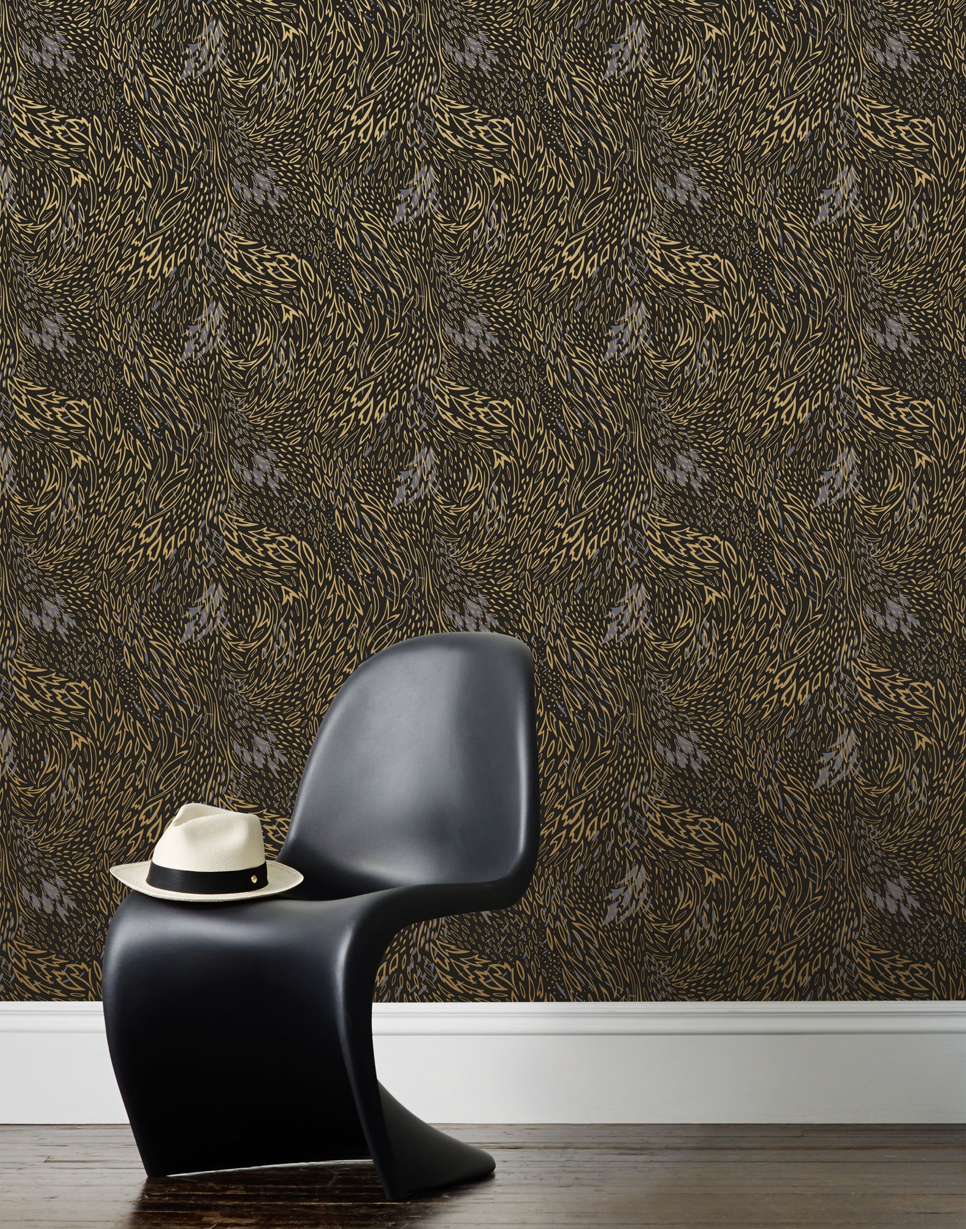Forest Floor (Ebony) features an intricate, leafy pattern in metallic gold and gray on black