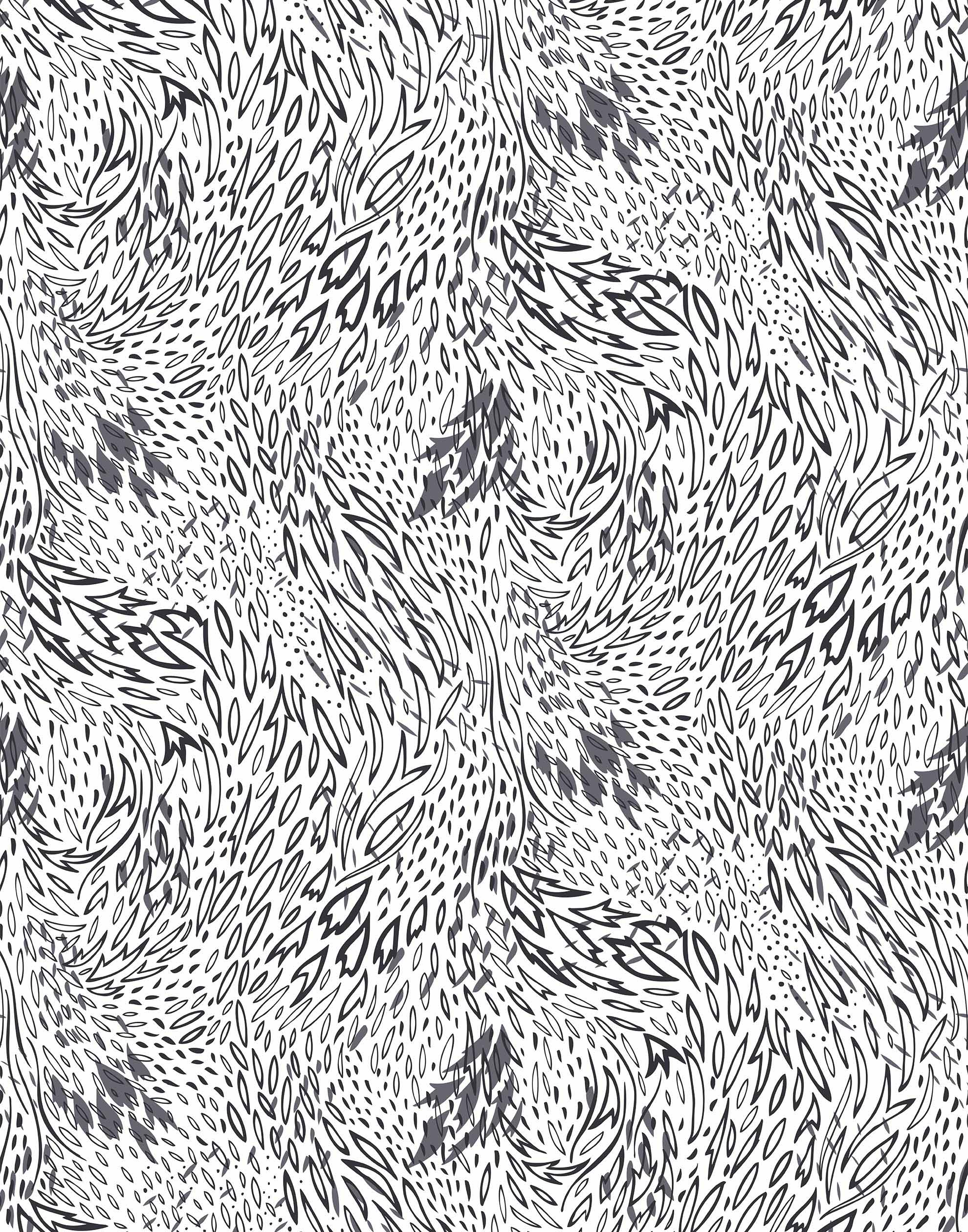 Forest Floor (Gray) features an intricate, leafy pattern in dark and light gray on black
