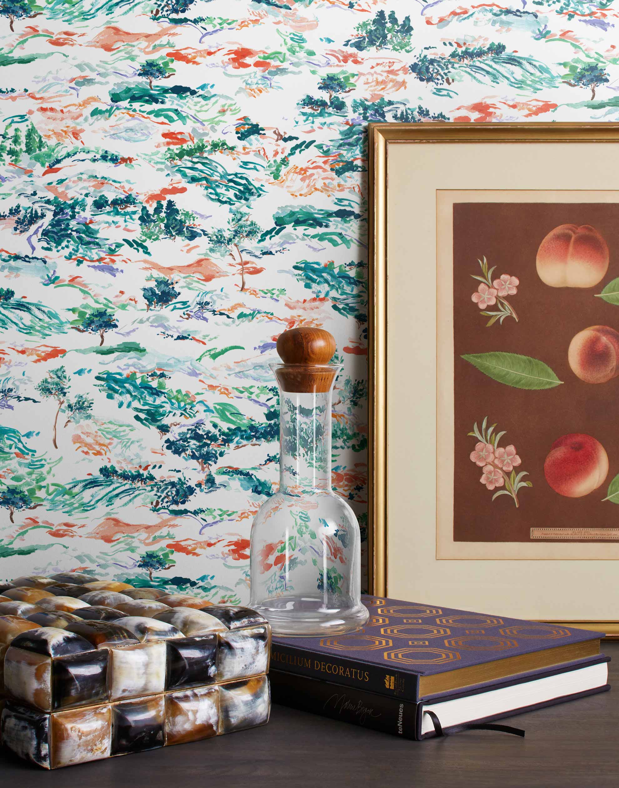 Inspired by the Fauvism movement, Plein Air brings the rolling countryside to life with a gestural brushwork technique. Its colors are joyful and bold while semi-realistic to the subject, including a range of green and blue hues with hints of coral and lavender.