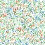 Summer (Vermillion) wallpaper features loose brushstrokes that capture the movement of wild flowers and grasses swaying in the breeze. Coral red, blue and green watercolored flora on a white background | Hygge & West