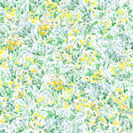 Summer (Sunshine) wallpaper features loose brushstrokes that capture the movement of wild flowers and grasses swaying in the breeze. Yellow, gold, light blue, and green watercolored flora on a white background | Hygge & West