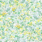 Summer (Sunshine) wallpaper features loose brushstrokes that capture the movement of wild flowers and grasses swaying in the breeze. Yellow, gold, light blue, and green watercolored flora on a white background | Hygge & West