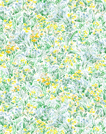 Summer (Sunshine) wallpaper features loose brushstrokes that capture the movement of wild flowers and grasses swaying in the breeze. Yellow, gold, light blue, and green watercolored flora on a white background | Hygge & West