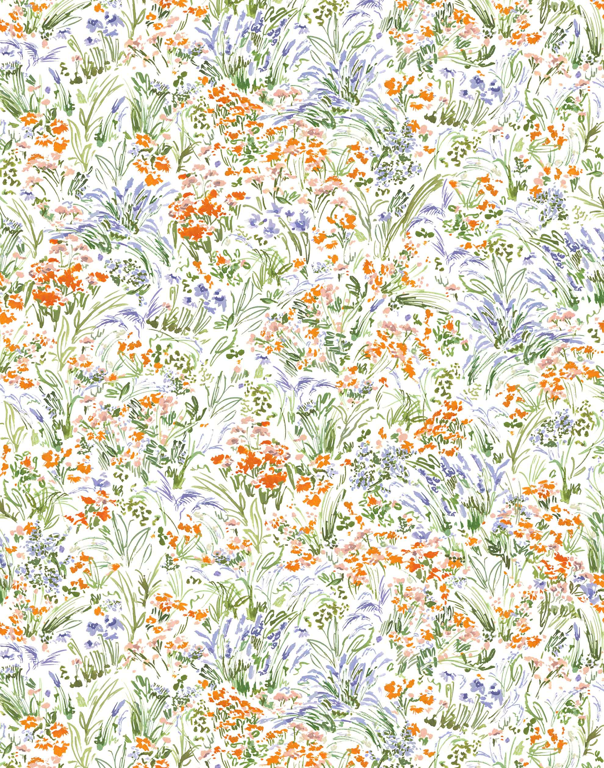 Summer (Bluebell) wallpaper features loose brushstrokes that capture the movement of wild flowers and grasses swaying in the breeze. Orange, blue, purple, and green watercolored flora on a white background | Hygge & West