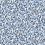 Olive Grove (Blue) featuring a leafy vine motif in shades of blue with light blue accents on a true white background | Schoolhouse x Hygge & West Wallpaper Collection