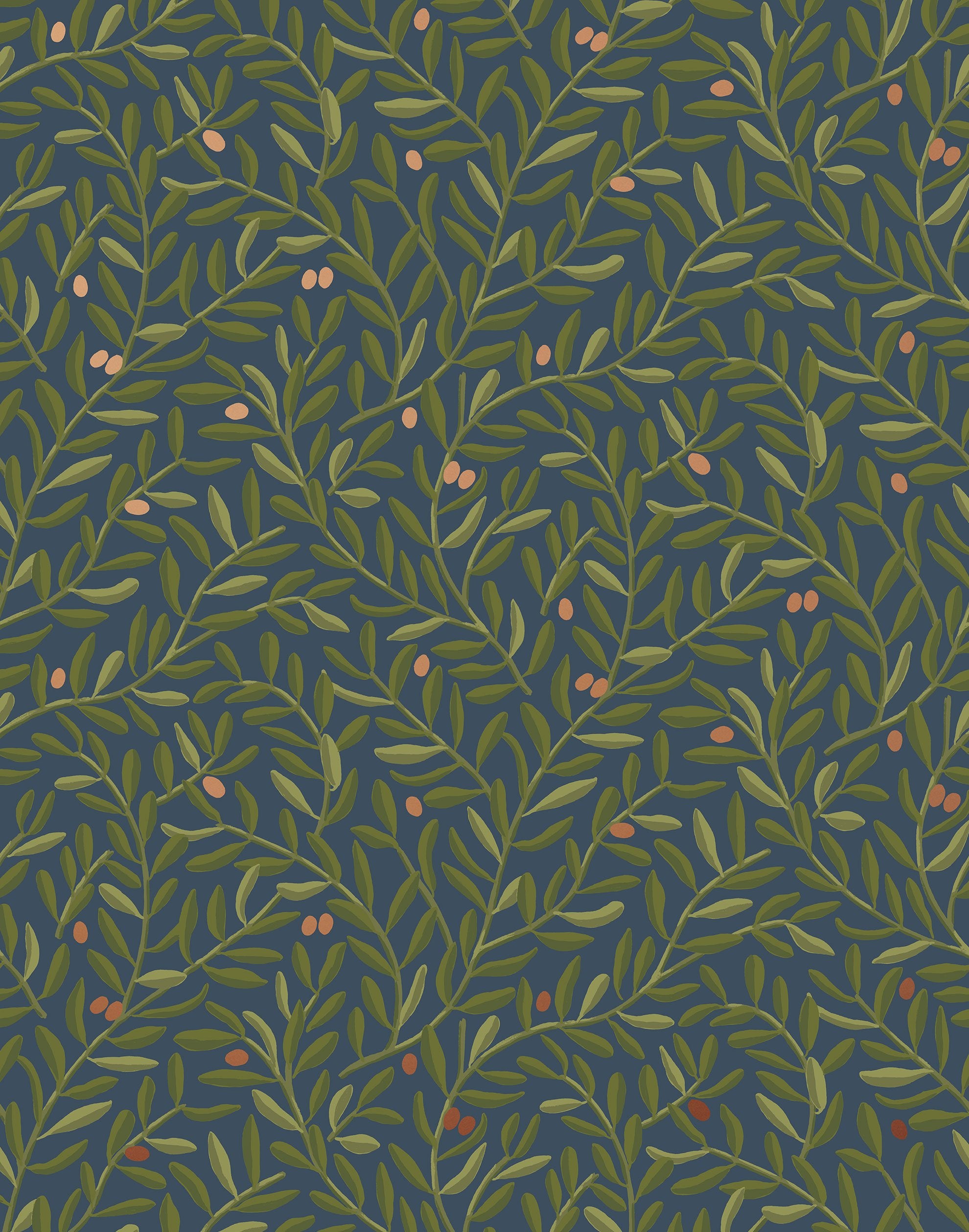 Olive Grove (Midnight) featuring a leafy vine motif in shades of green with metallic copper accents on a deep blue background | Schoolhouse x Hygge & West Wallpaper Collection