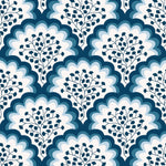 Angelina (Navy) wallpaper features a White background with graduated blue scallops and navy floral motif