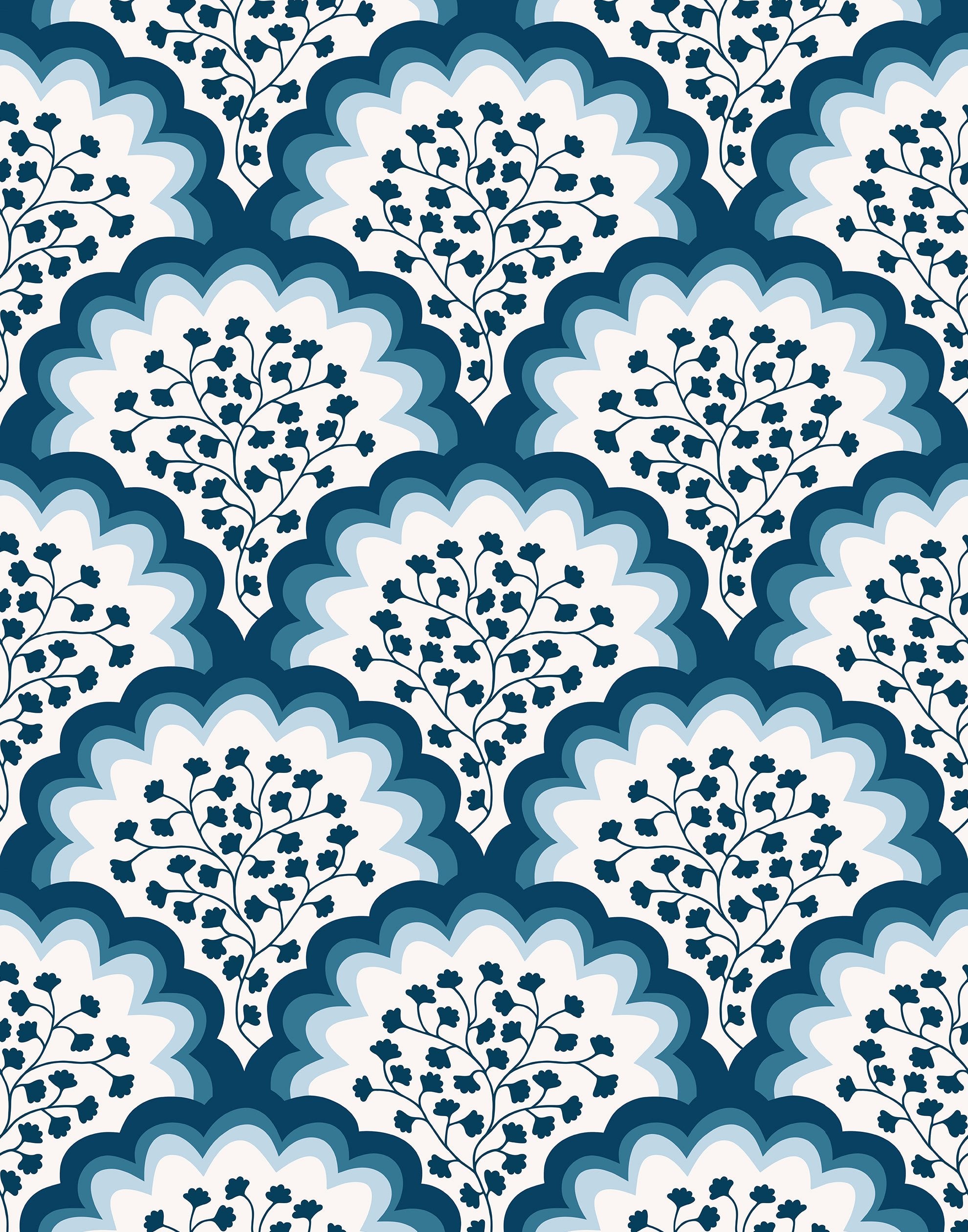 Angelina (Navy) wallpaper features a White background with graduated blue scallops and navy floral motif