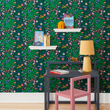 Cheetah's Garden (Emerald) wallpaper features Animals and fairies in a garden | dark green wallpaper with pink, red, yellow and purple illustrations | designed by Vikki Chu