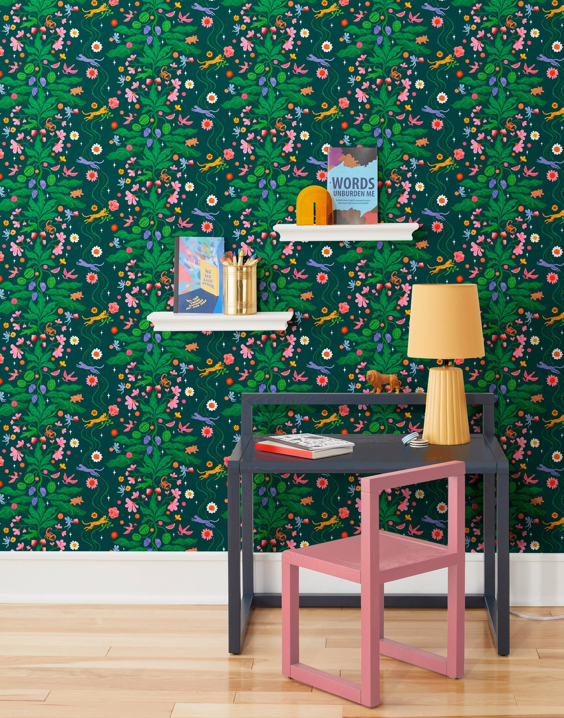 Cheetah's Garden (Emerald) wallpaper features Animals and fairies in a garden | dark green wallpaper with pink, red, yellow and purple illustrations | designed by Vikki Chu