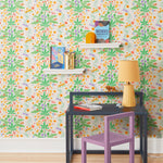 Cheetah's Garden (Parchment) wallpaper features Animals and fairies in a garden | cream wallpaper with orange, pink, yellow and purple illustrations | designed by Vikki Chu
