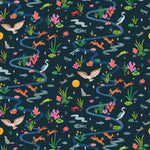 Space Owl (Midnight) wallpaper features wildlife, fauna and a flowing river | deep blue wallpaper with orange, white, brown, yellow, and green illustrations | designed by Vikki Chu