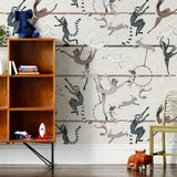 Balancing Act (Light Gray) wallpaper features colorful dancing monkeys and rabbits on a light gray background
