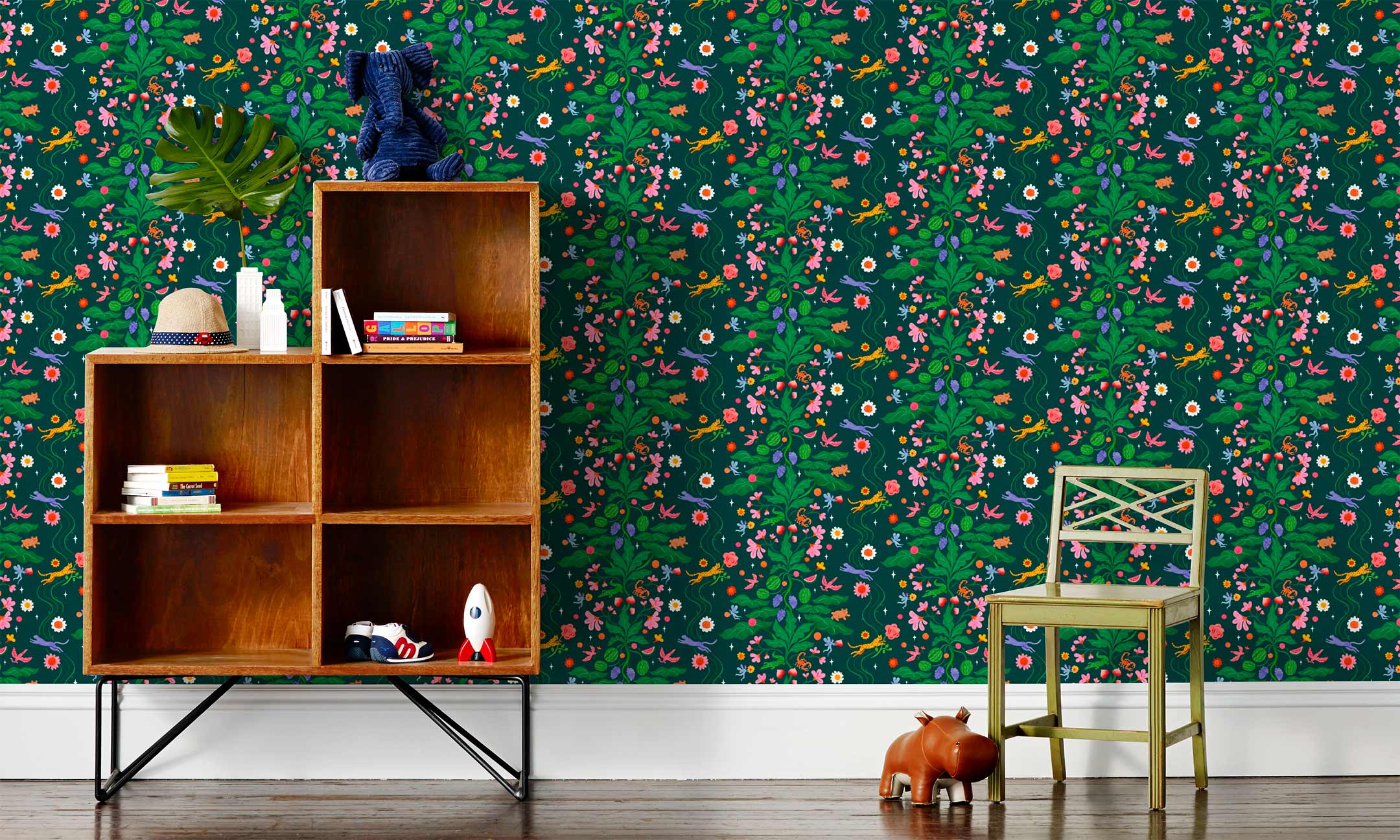 Cheetah's Garden (Emerald) wallpaper features Animals and fairies in a garden | dark green wallpaper with red, pink, yellow and purple illustrations | designed by Vikki Chu