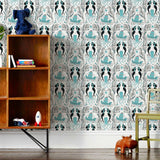 Mermaids (Ocean) wallpaper | Mermaids, fish, octopi and ships float in this charming design | turquoise and black artwork on an off white ground